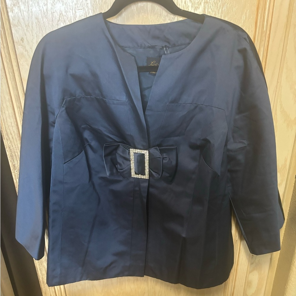 Luisa Spagnoli Blue Silk‎ Blazer Jacket with Bow Detail